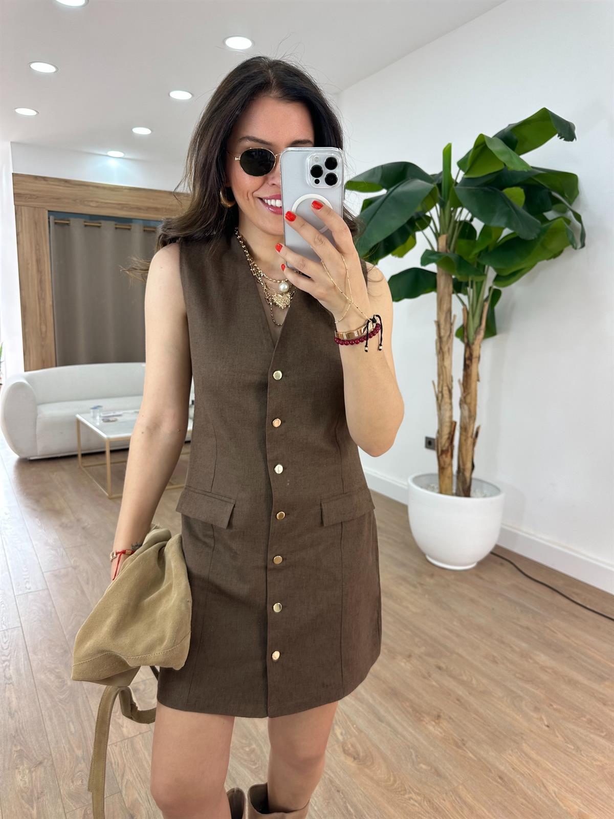 Cep Detaylı Keten Elbise - Kahverengi