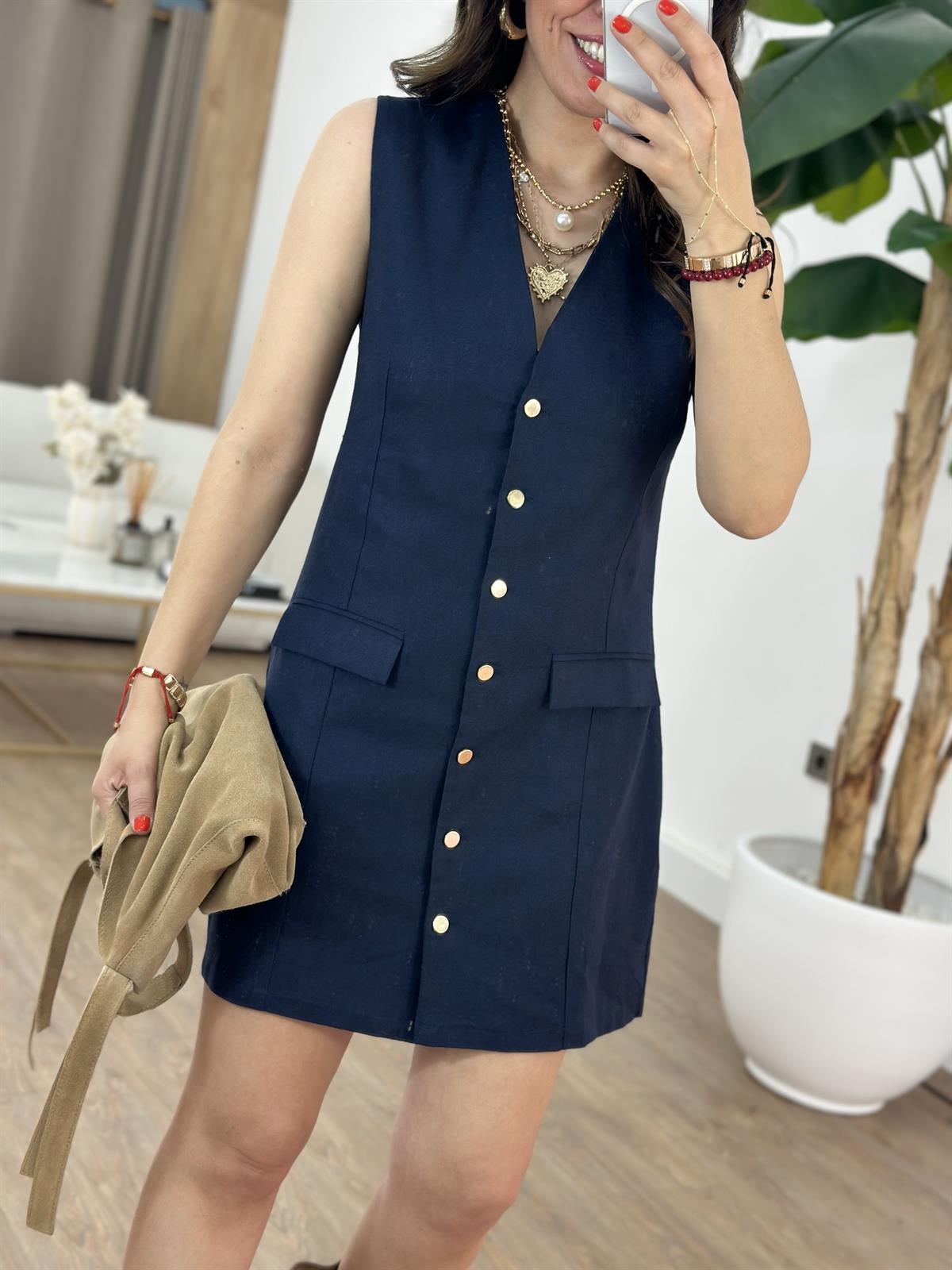 Cep Detaylı Keten Elbise - Lacivert