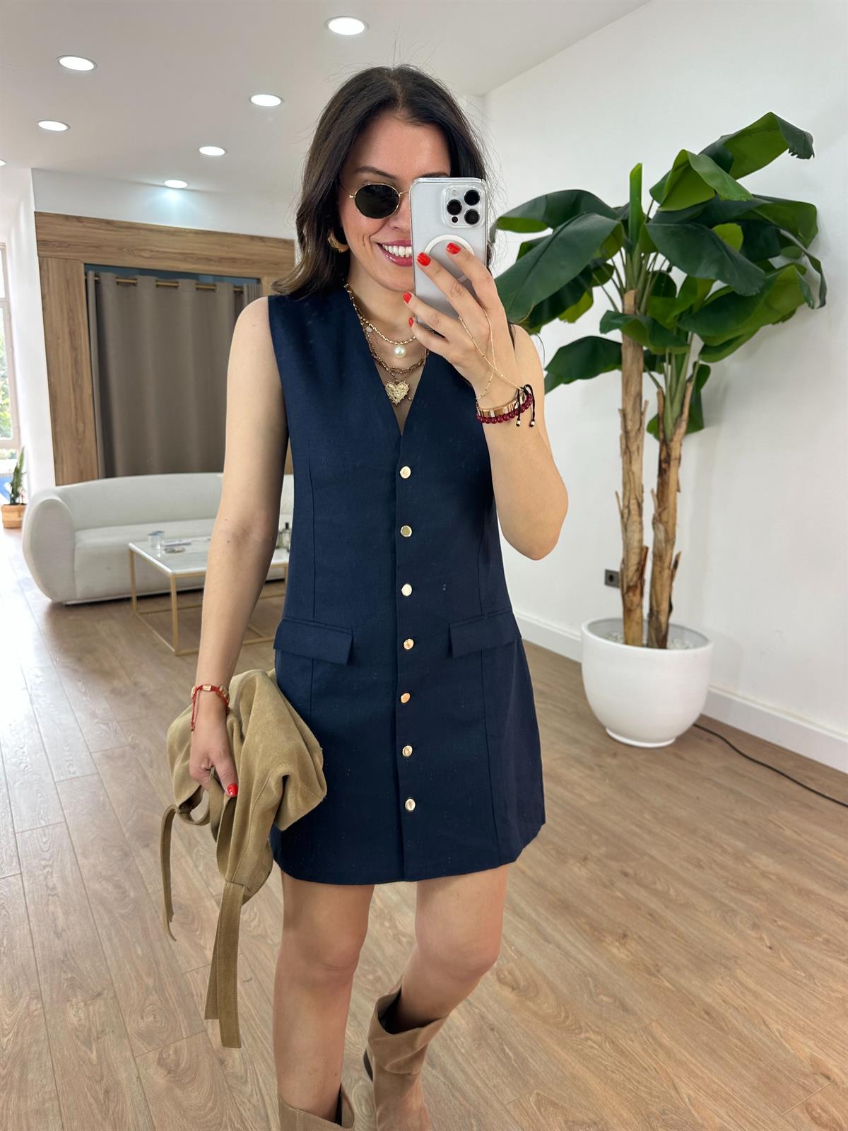 Cep Detaylı Keten Elbise - Lacivert