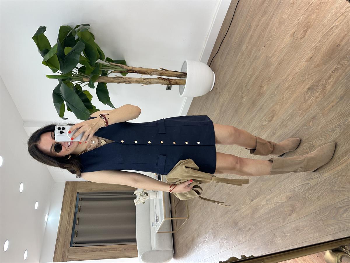 Cep Detaylı Keten Elbise - Lacivert