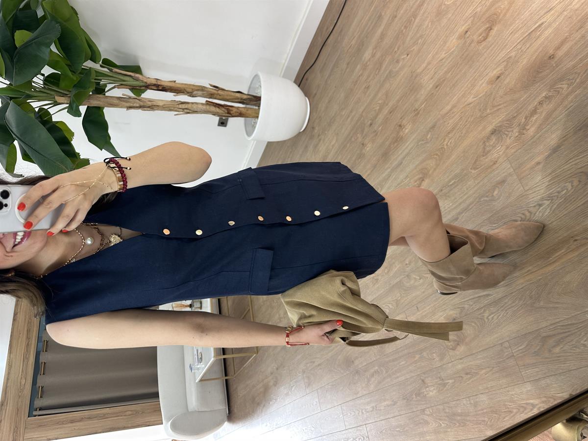 Cep Detaylı Keten Elbise - Lacivert