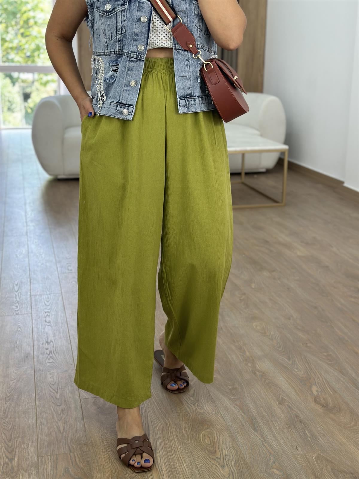 Cepli Beli Lastikli Bol Paça Pantolon Olive