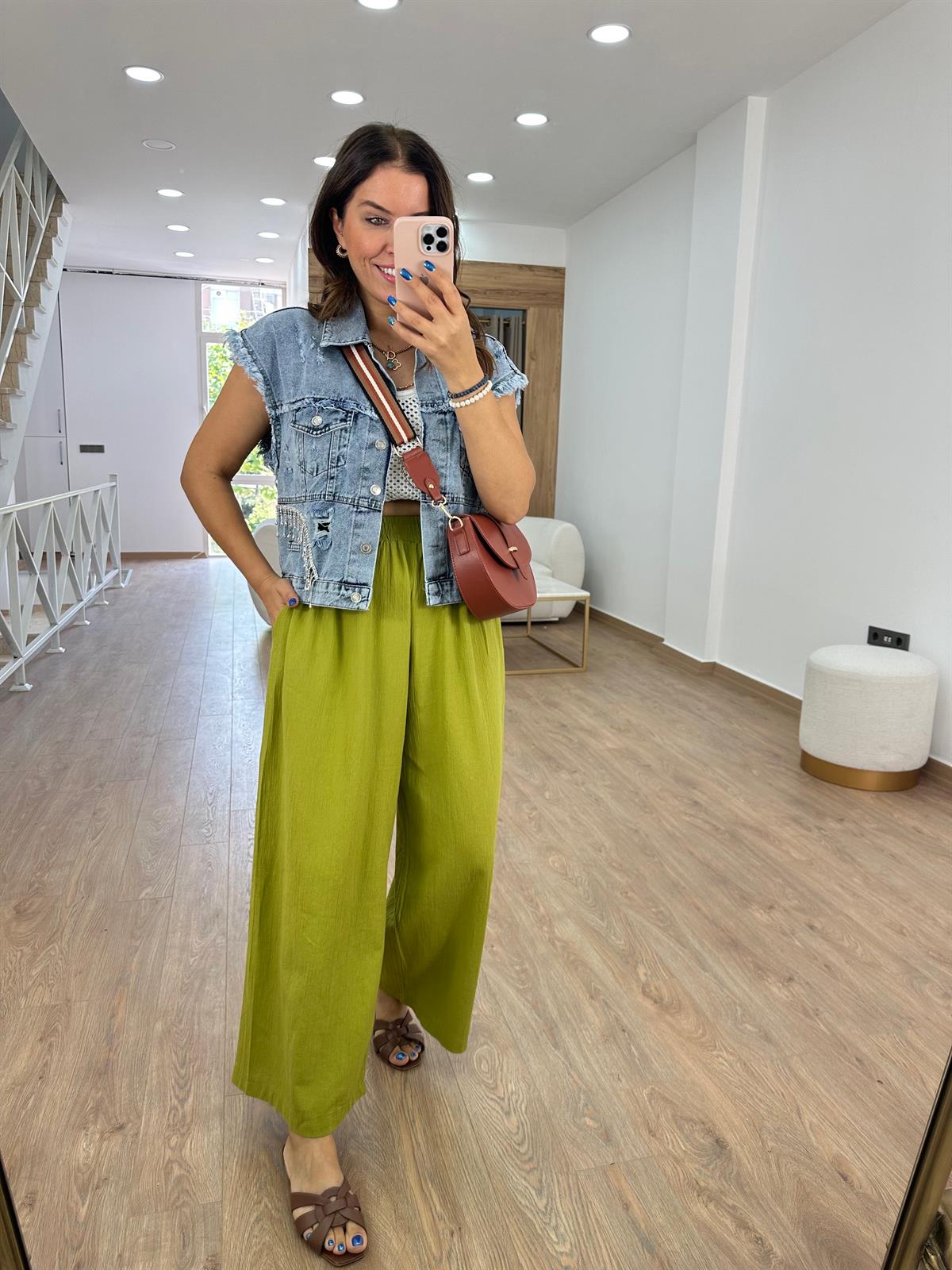 Cepli Beli Lastikli Bol Paça Pantolon Olive