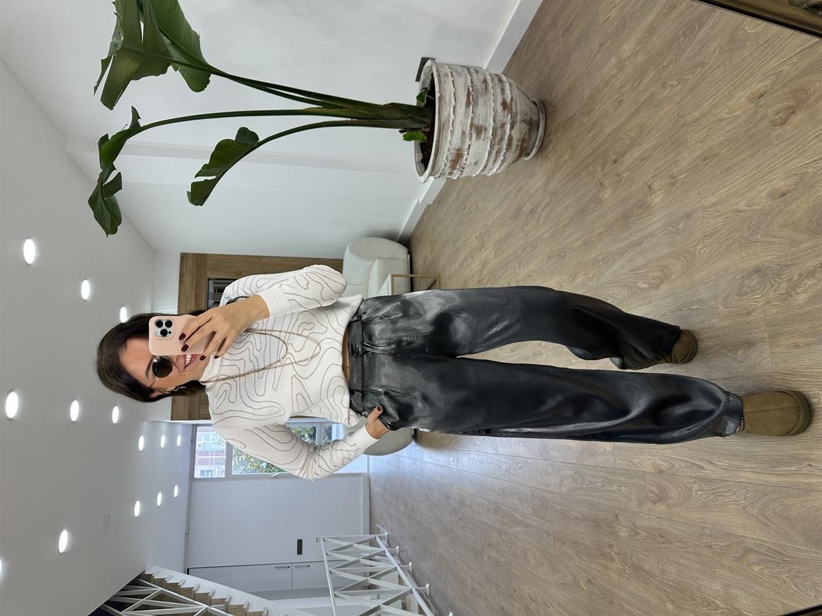 Cepli Bol Paça Parlak Pantolon-Gri