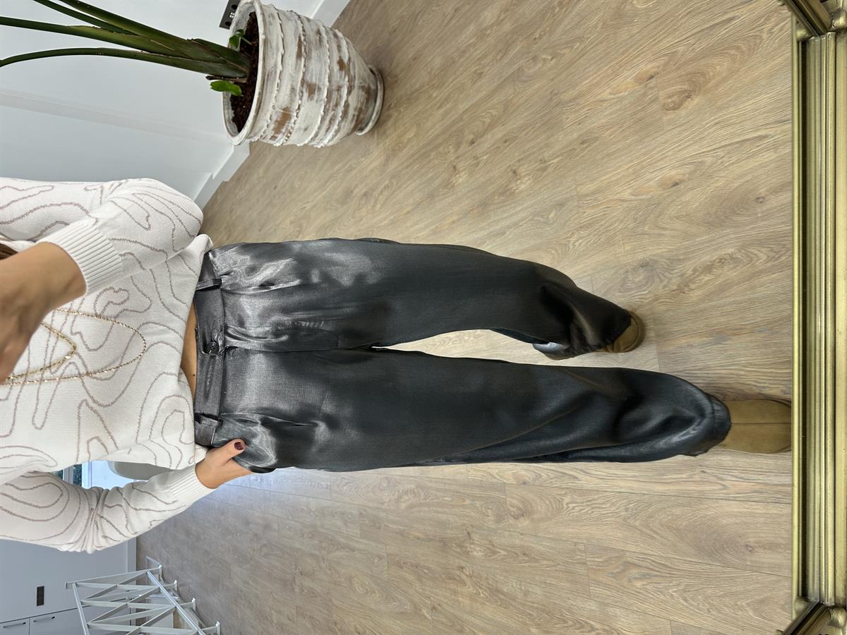 Cepli Bol Paça Parlak Pantolon-Gri