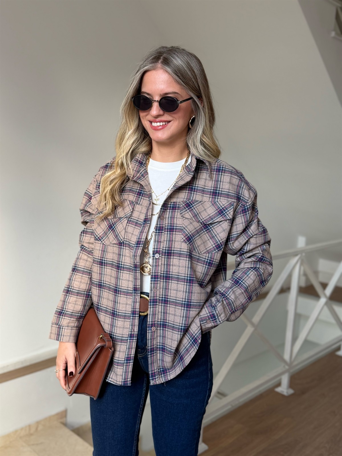 Cepli Ekoseli Gömlek - Vizon