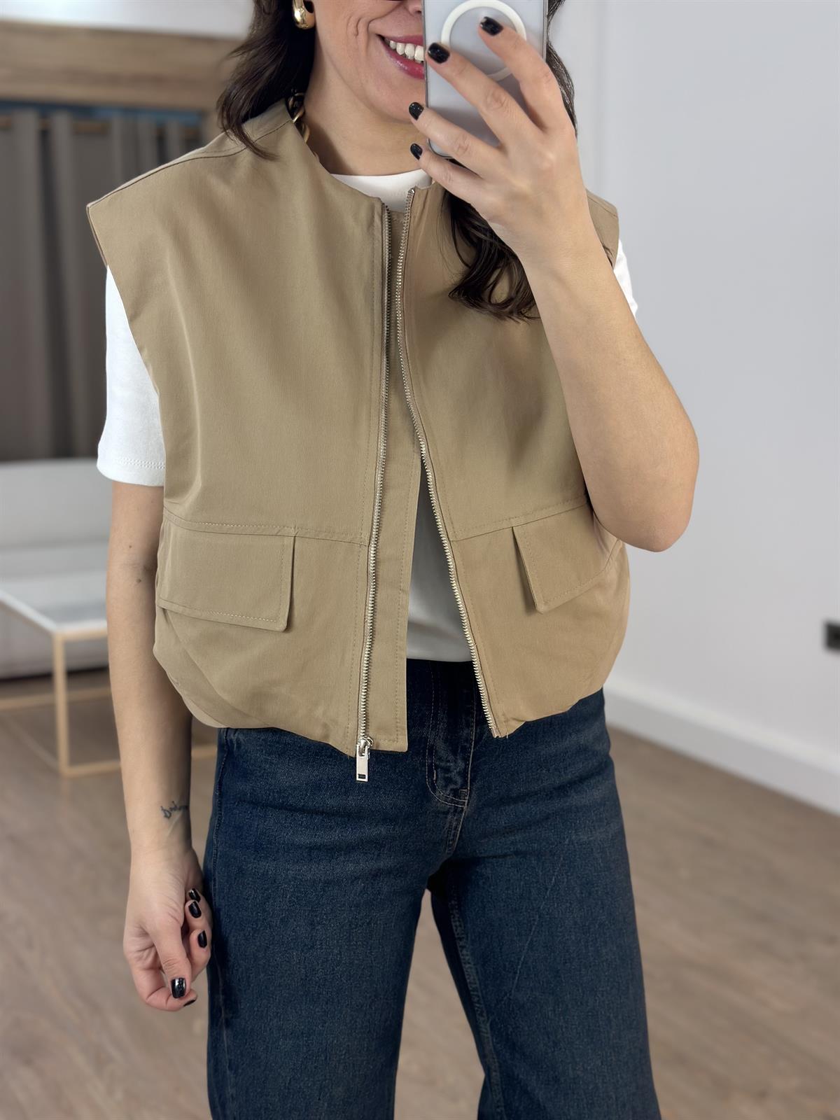 Cepli Fermuarlı Bomber Yelek - Camel