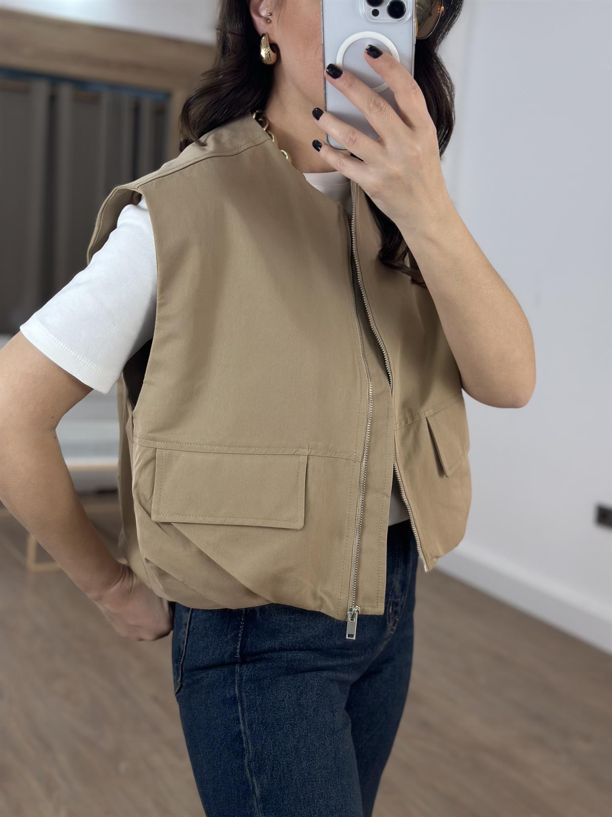 Cepli Fermuarlı Bomber Yelek - Camel