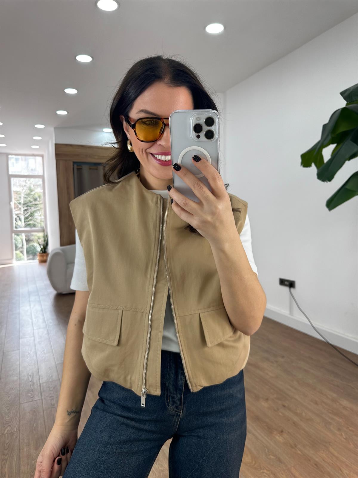 Cepli Fermuarlı Bomber Yelek - Camel