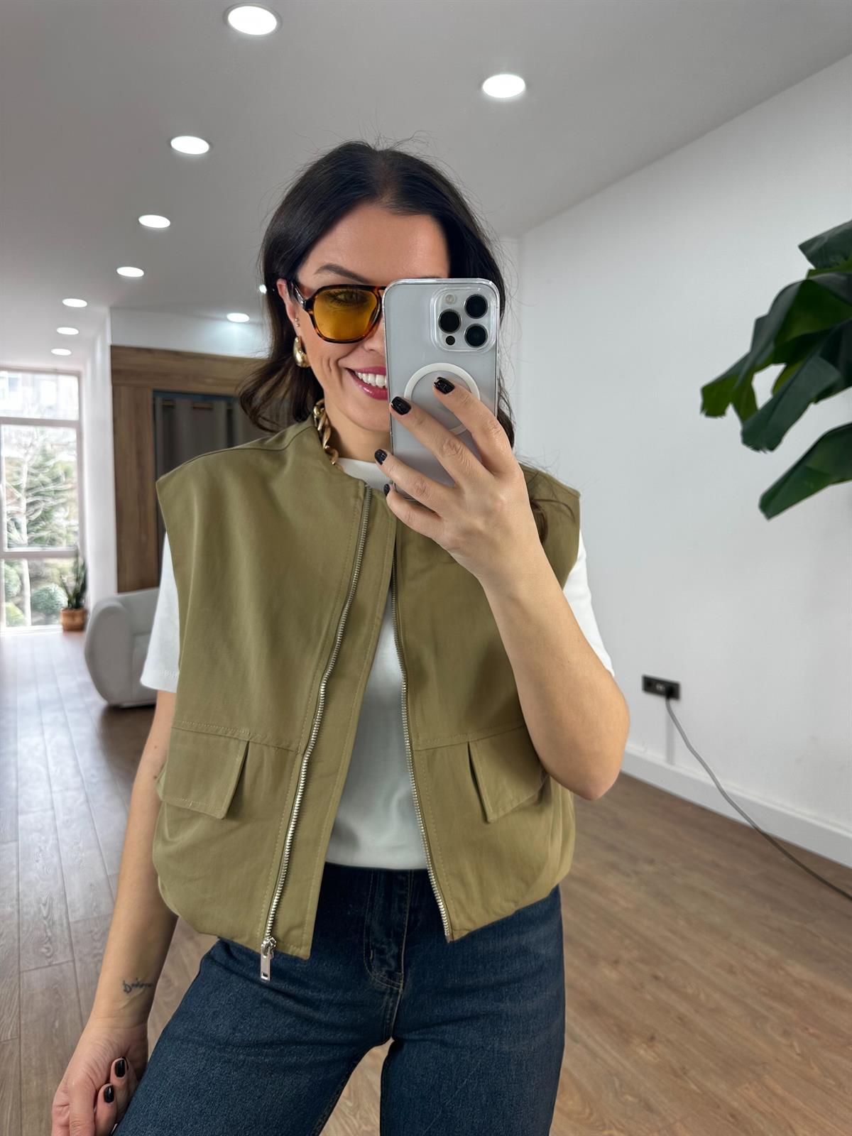 Cepli Fermuarlı Bomber Yelek - Haki