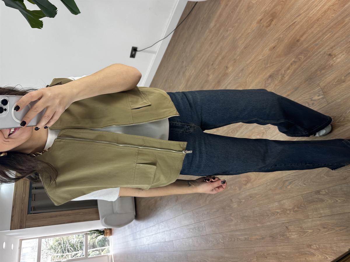 Cepli Fermuarlı Bomber Yelek - Haki