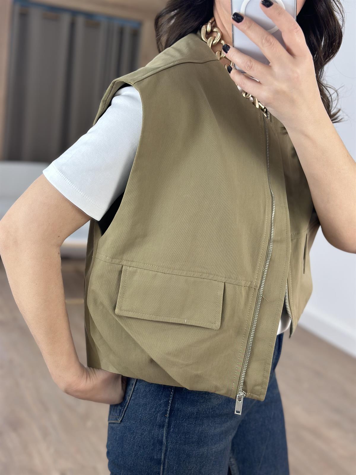 Cepli Fermuarlı Bomber Yelek - Haki