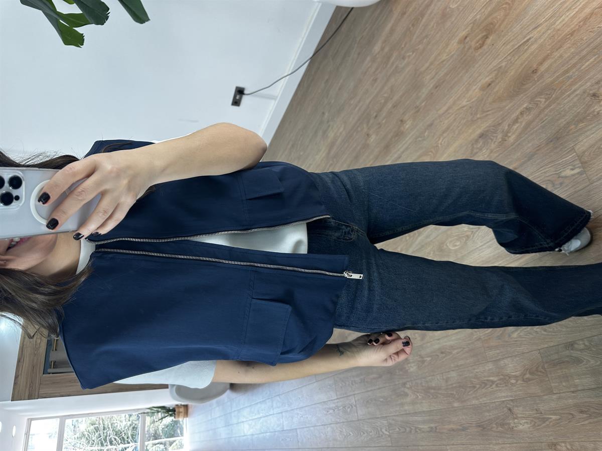 Cepli Fermuarlı Bomber Yelek - Lacivert