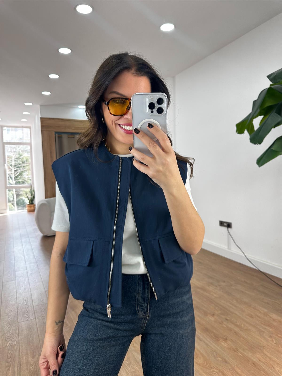 Cepli Fermuarlı Bomber Yelek - Lacivert