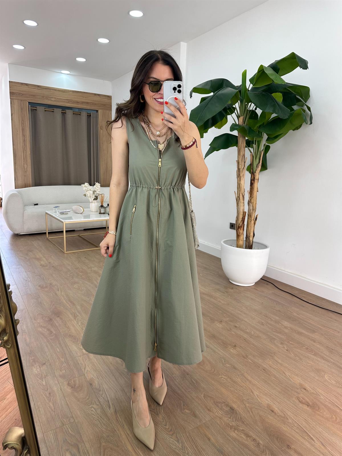 Cepli Fermuarlı Elbise - Haki