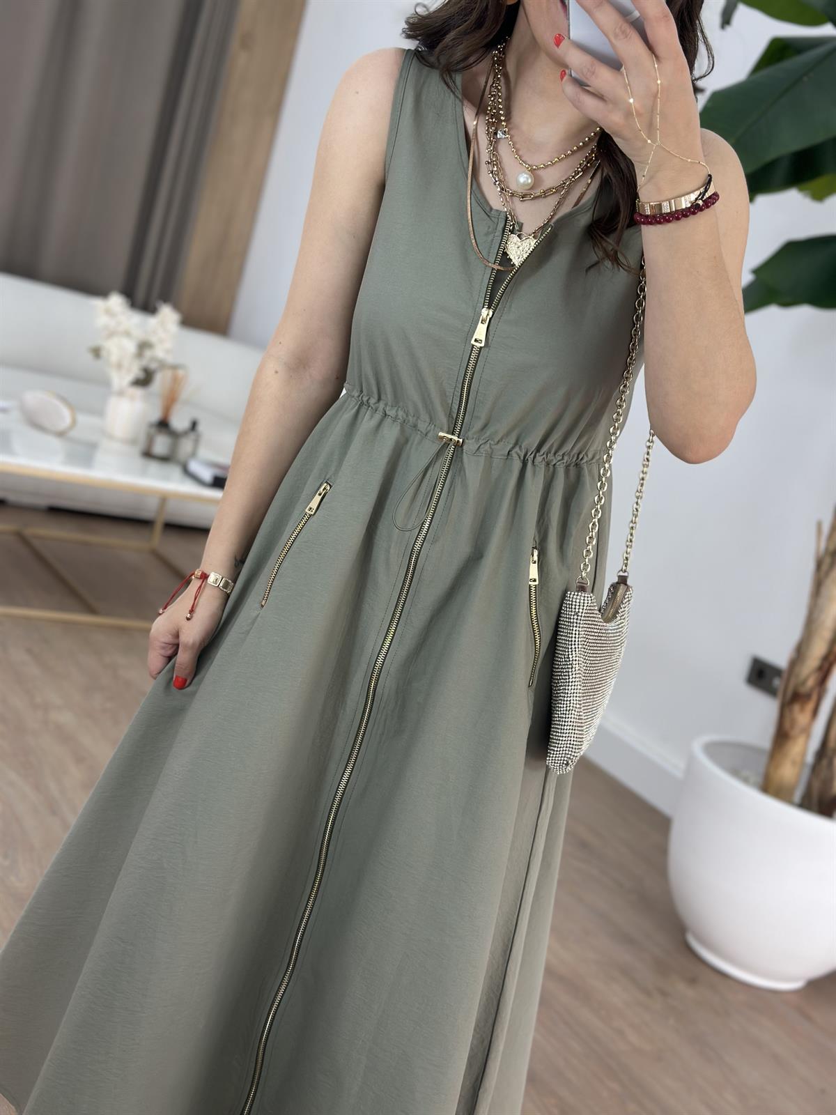 Cepli Fermuarlı Elbise - Haki