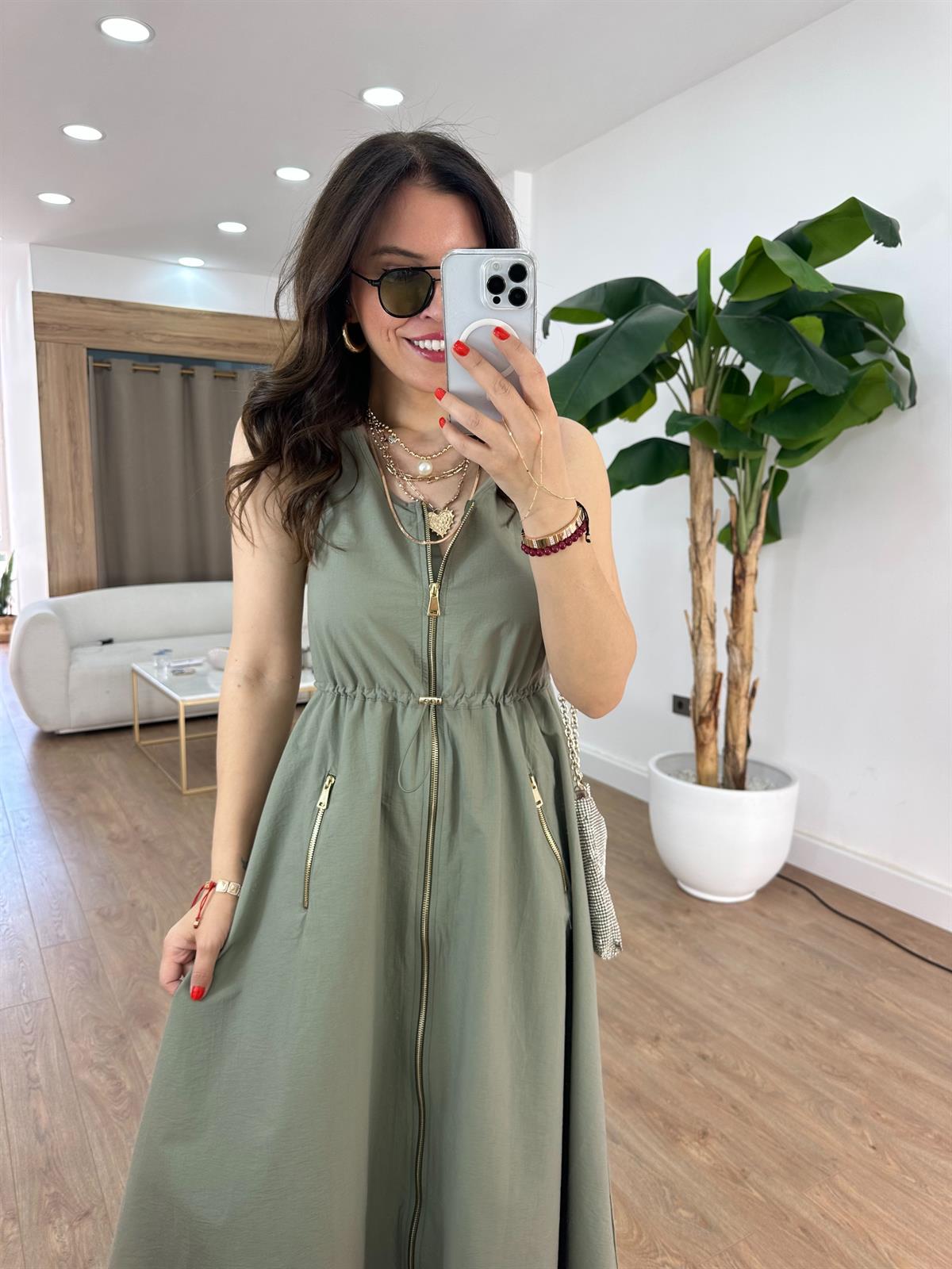 Cepli Fermuarlı Elbise - Haki