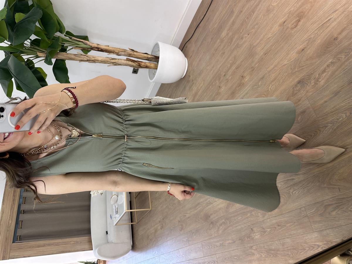 Cepli Fermuarlı Elbise - Haki