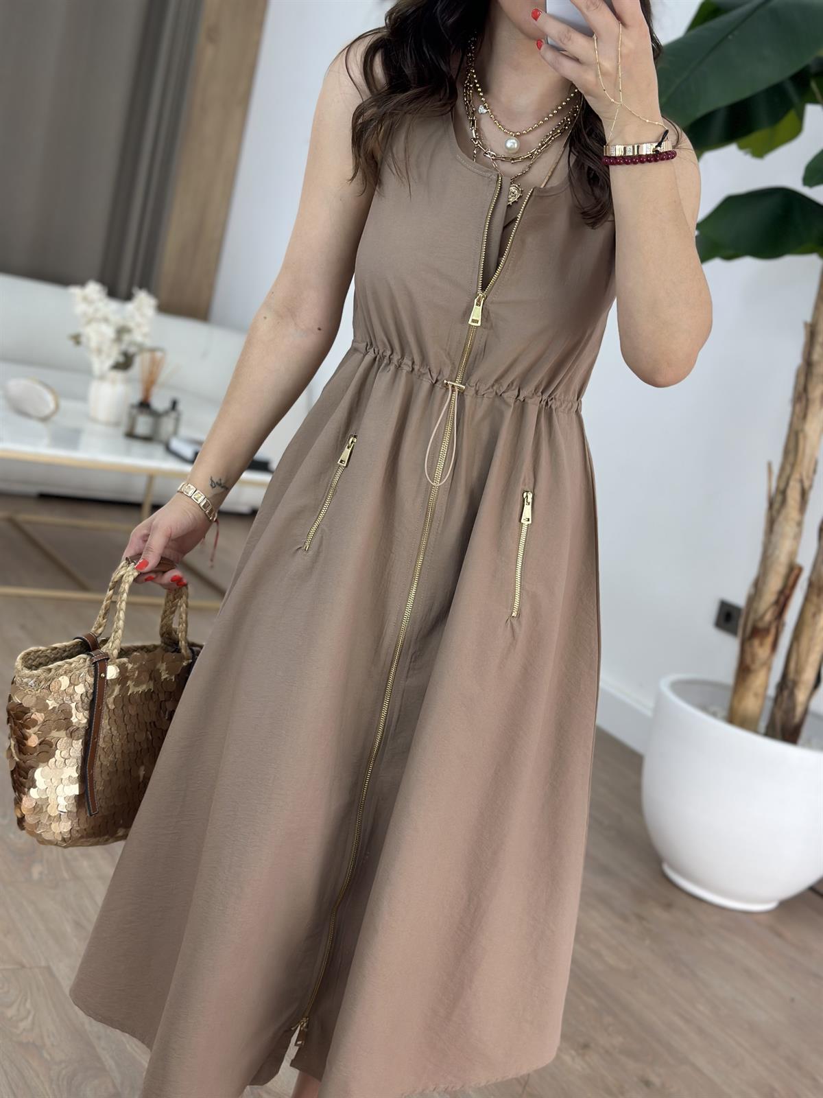 Cepli Fermuarlı Elbise - Kahverengi