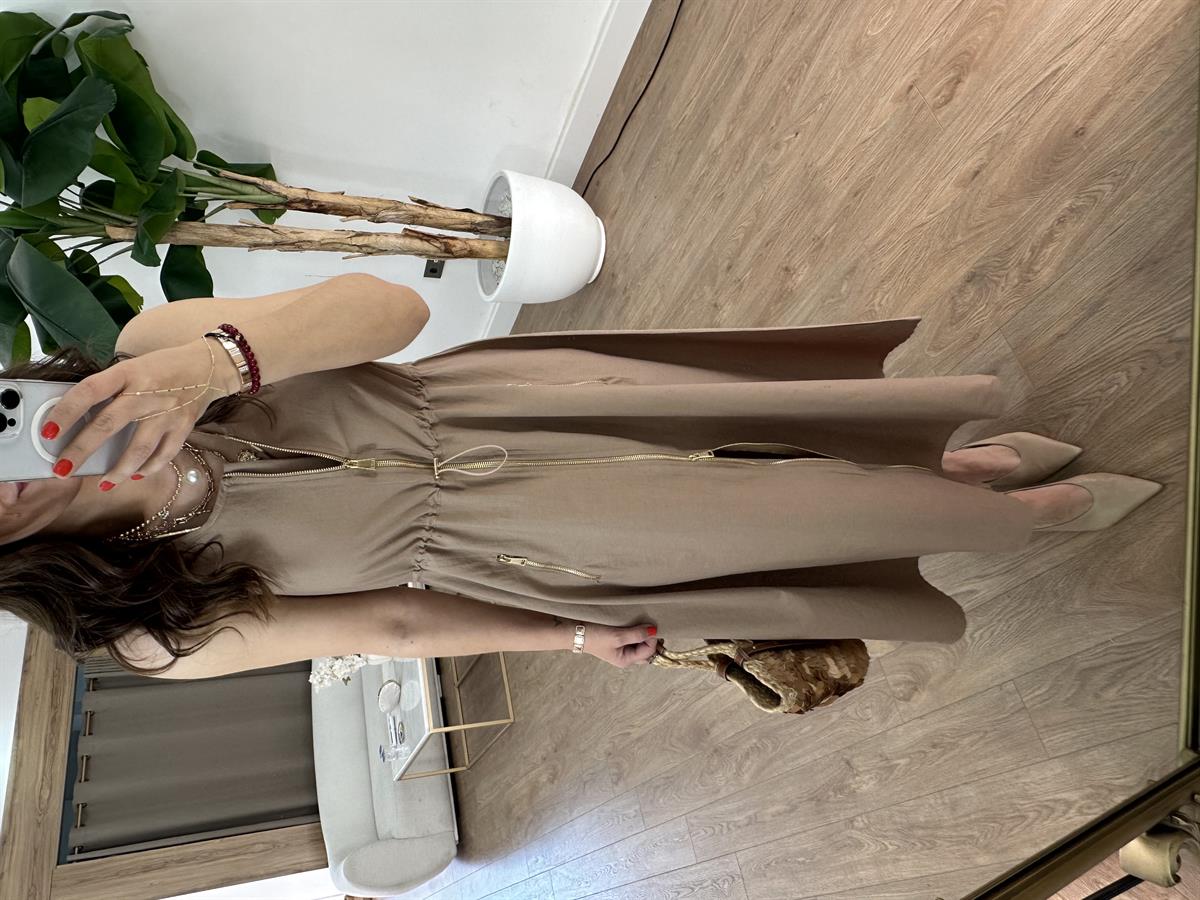 Cepli Fermuarlı Elbise - Kahverengi