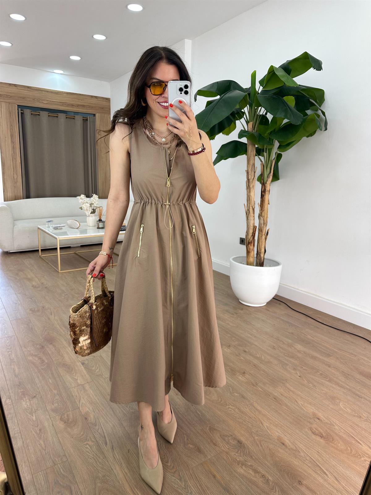 Cepli Fermuarlı Elbise - Kahverengi