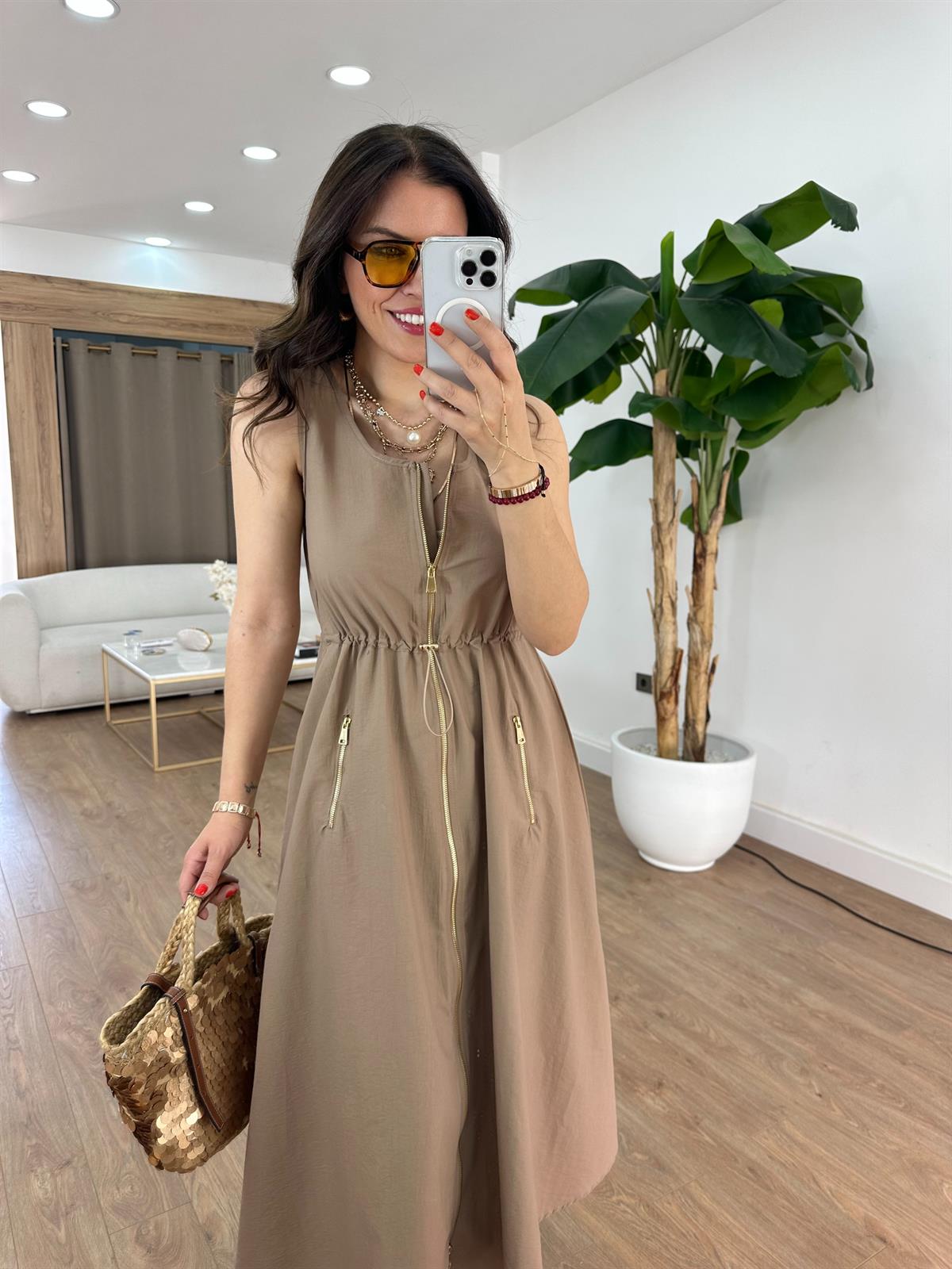 Cepli Fermuarlı Elbise - Kahverengi