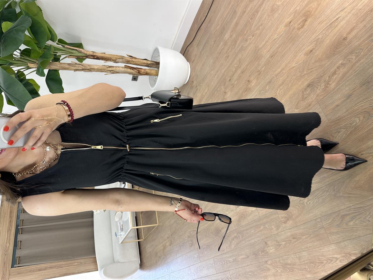 Cepli Fermuarlı Elbise - Siyah