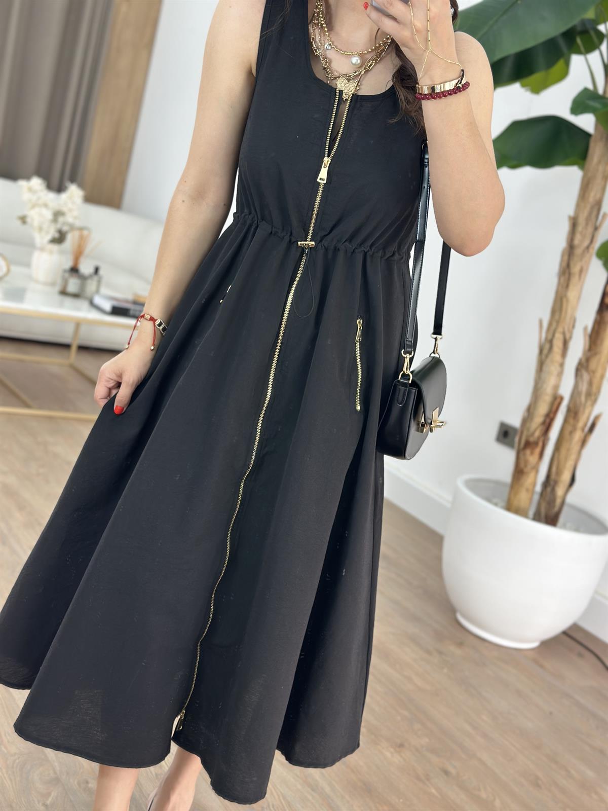 Cepli Fermuarlı Elbise - Siyah