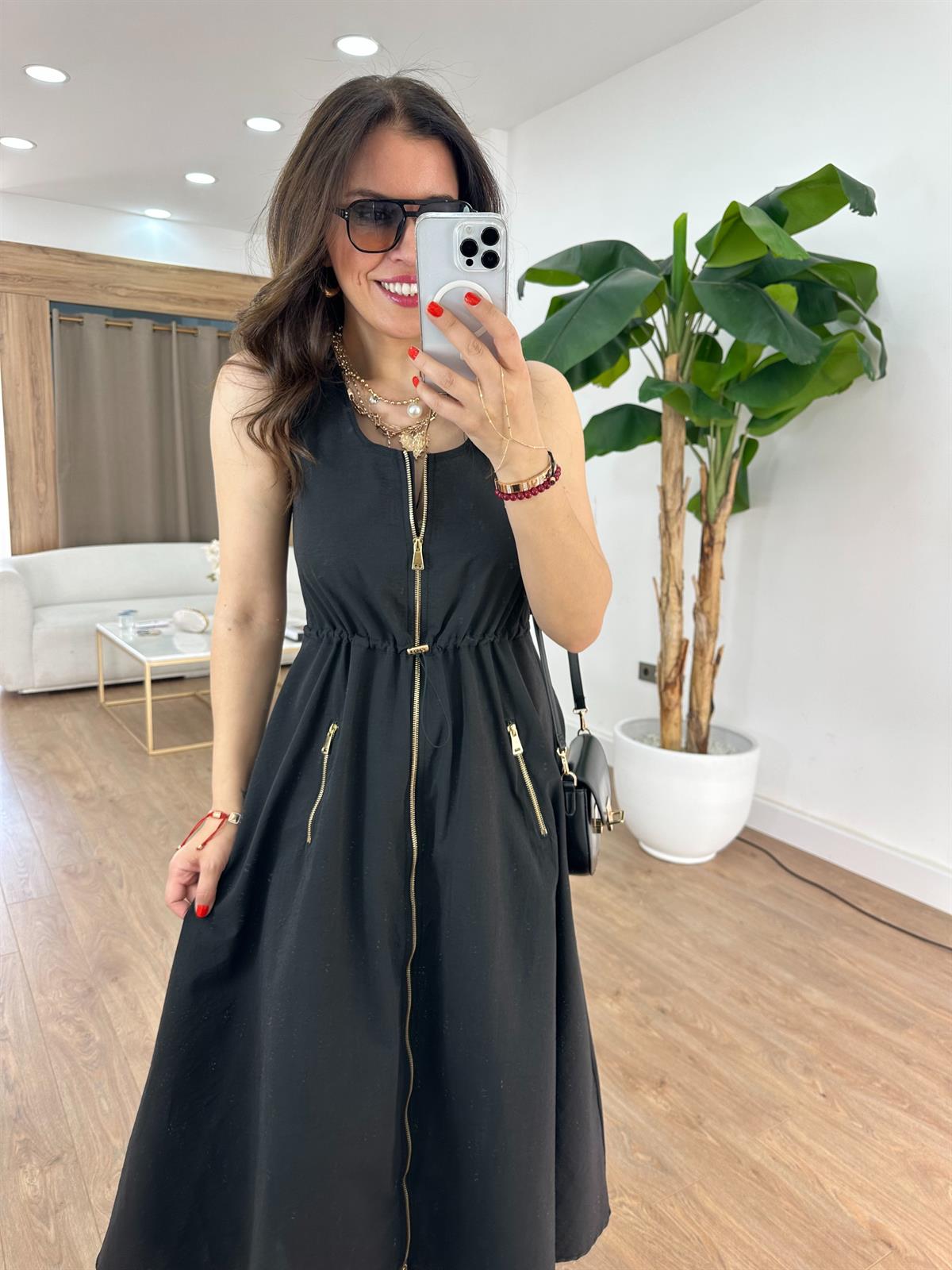 Cepli Fermuarlı Elbise - Siyah