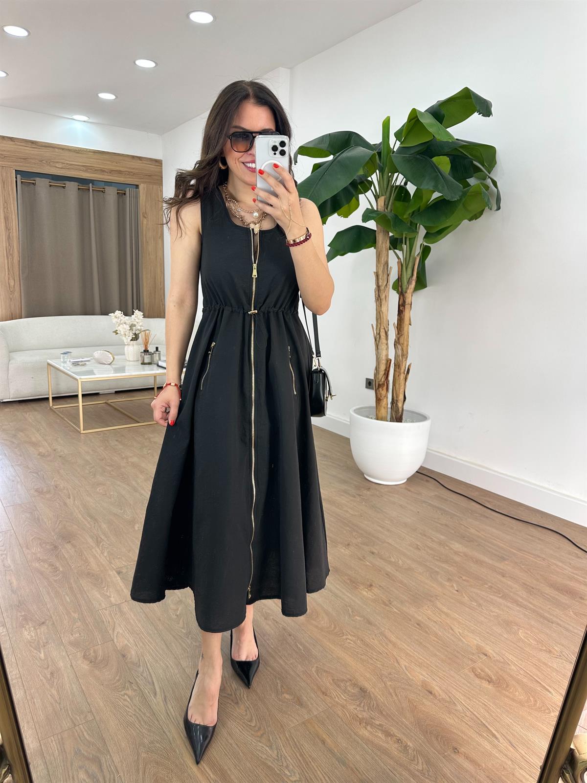 Cepli Fermuarlı Elbise - Siyah