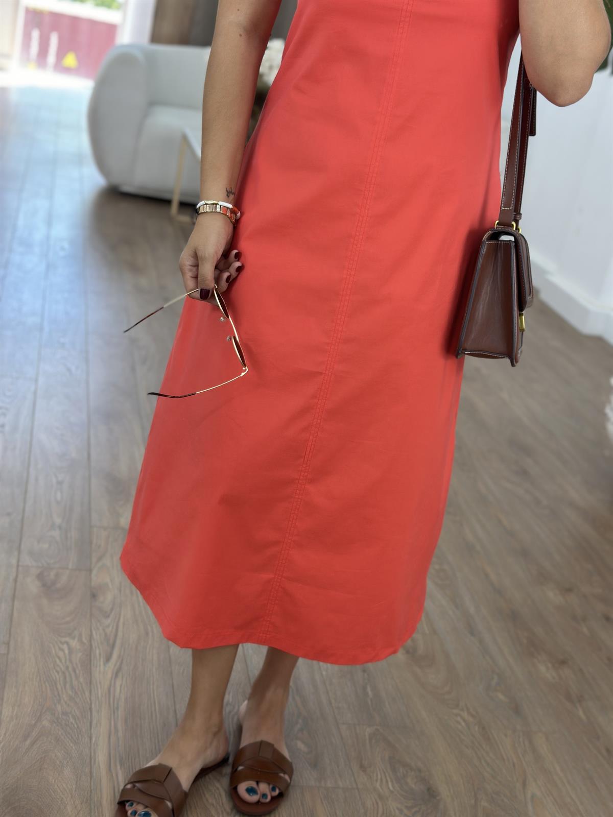 Cepli Likralı Poplin Elbise-Nar Çiçeği