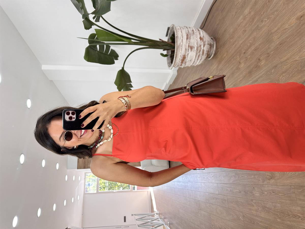 Cepli Likralı Poplin Elbise-Nar Çiçeği