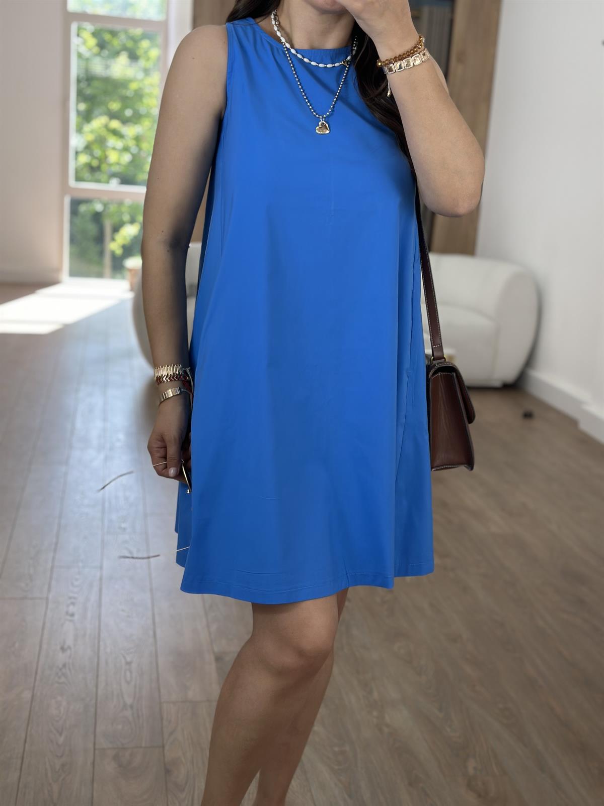 Cepli Poplin Elbise-Mavi