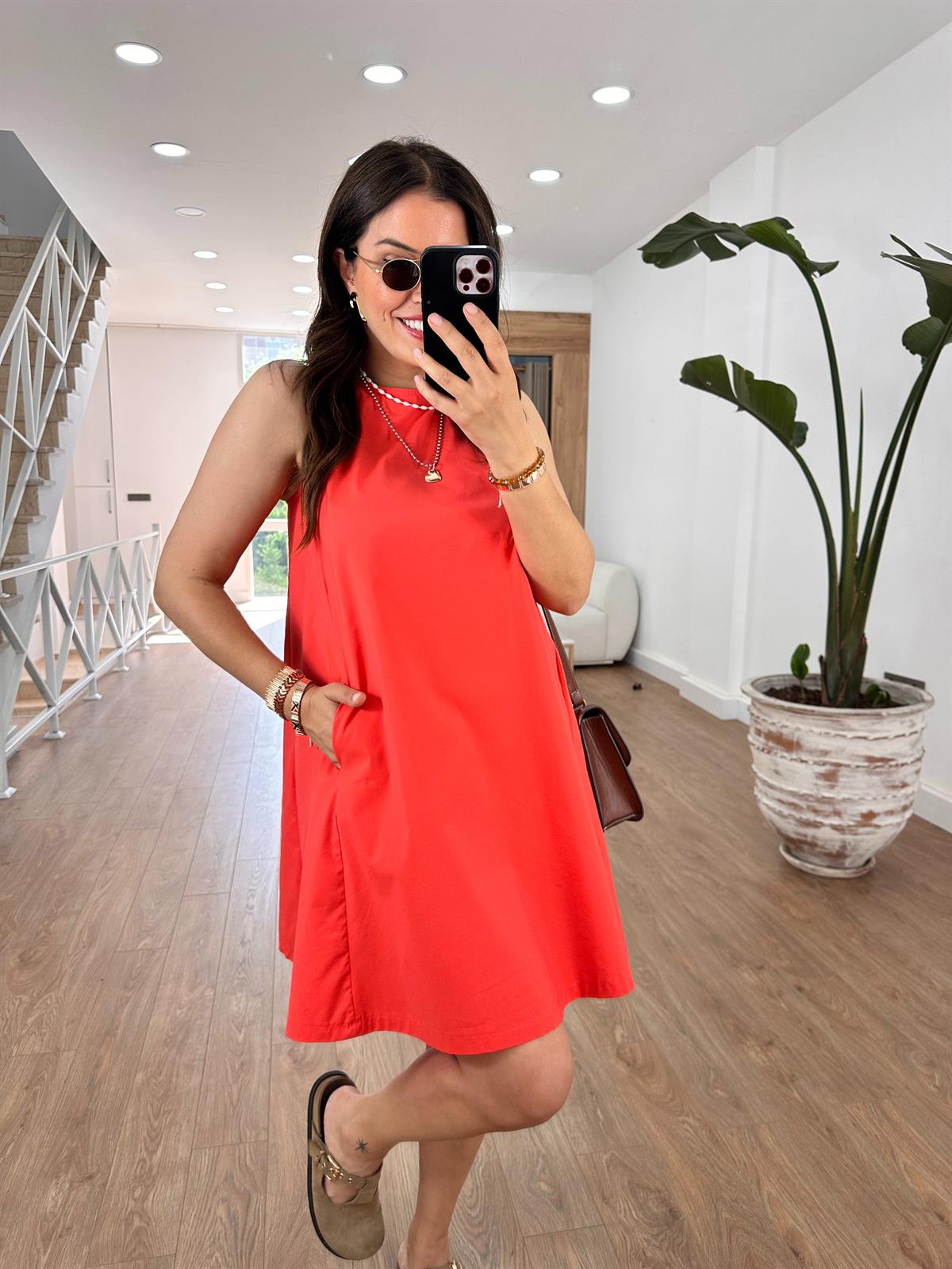 Cepli Poplin Elbise-Nar çiçeği