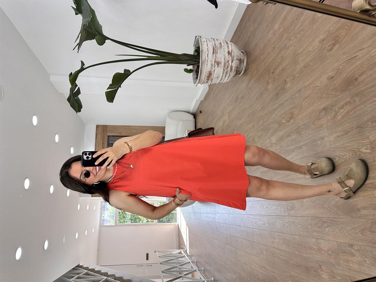 Cepli Poplin Elbise-Nar çiçeği