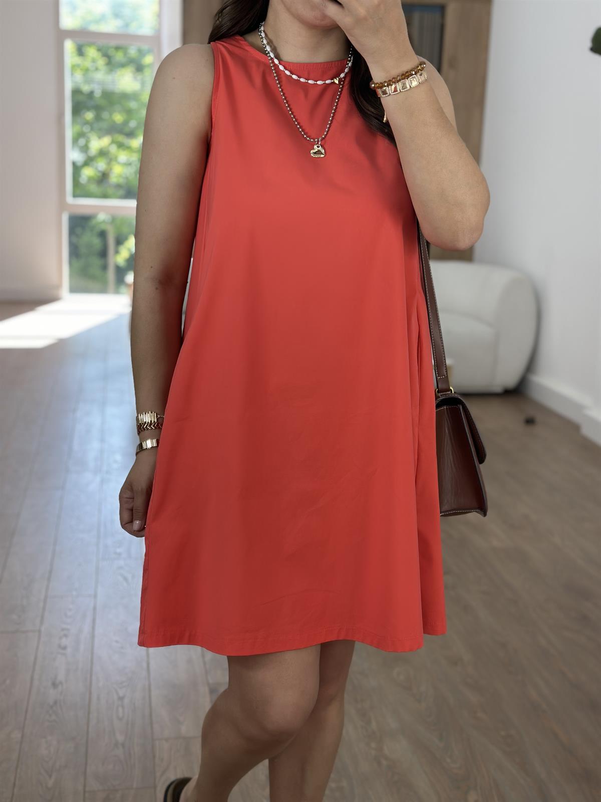 Cepli Poplin Elbise-Nar çiçeği