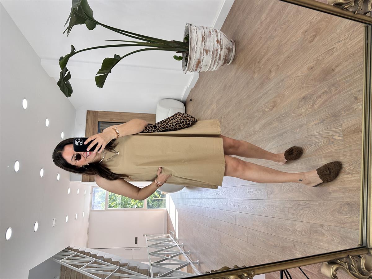 Cepli Poplin Elbise-Bej