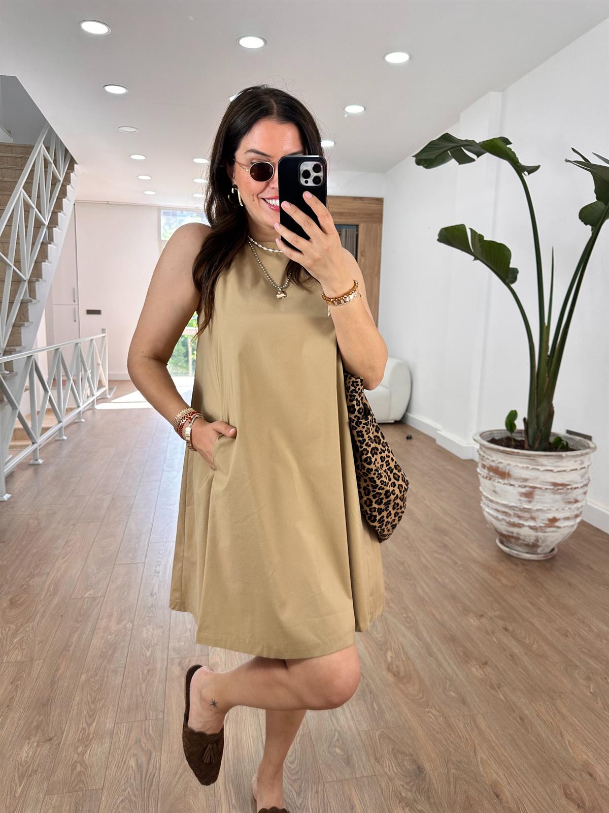 Cepli Poplin Elbise-Bej