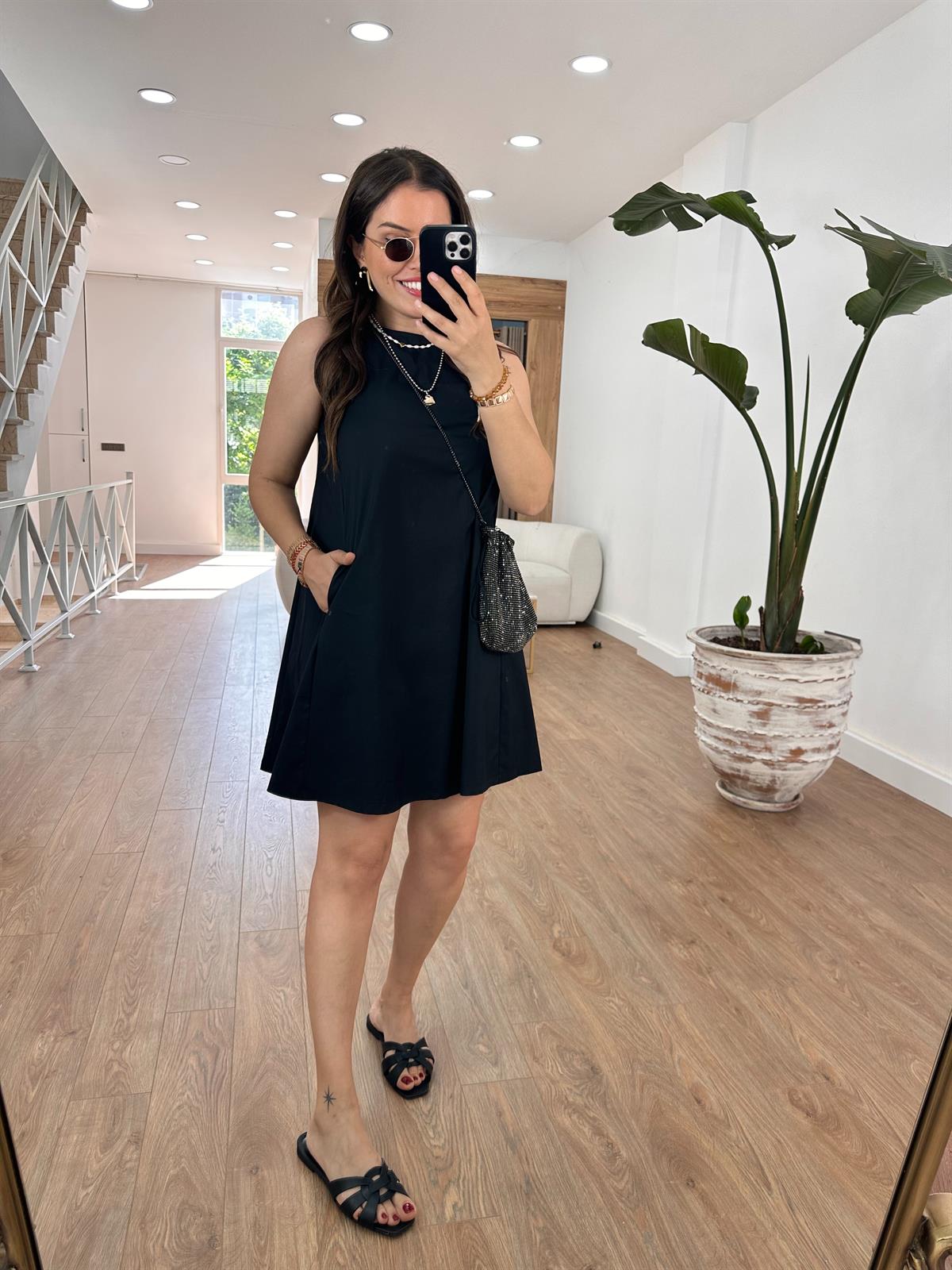 Cepli Poplin Elbise-Siyah