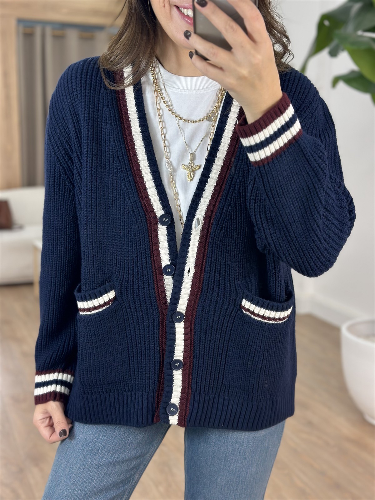 Bordo Şeritli Düğmeli Triko Hırka 