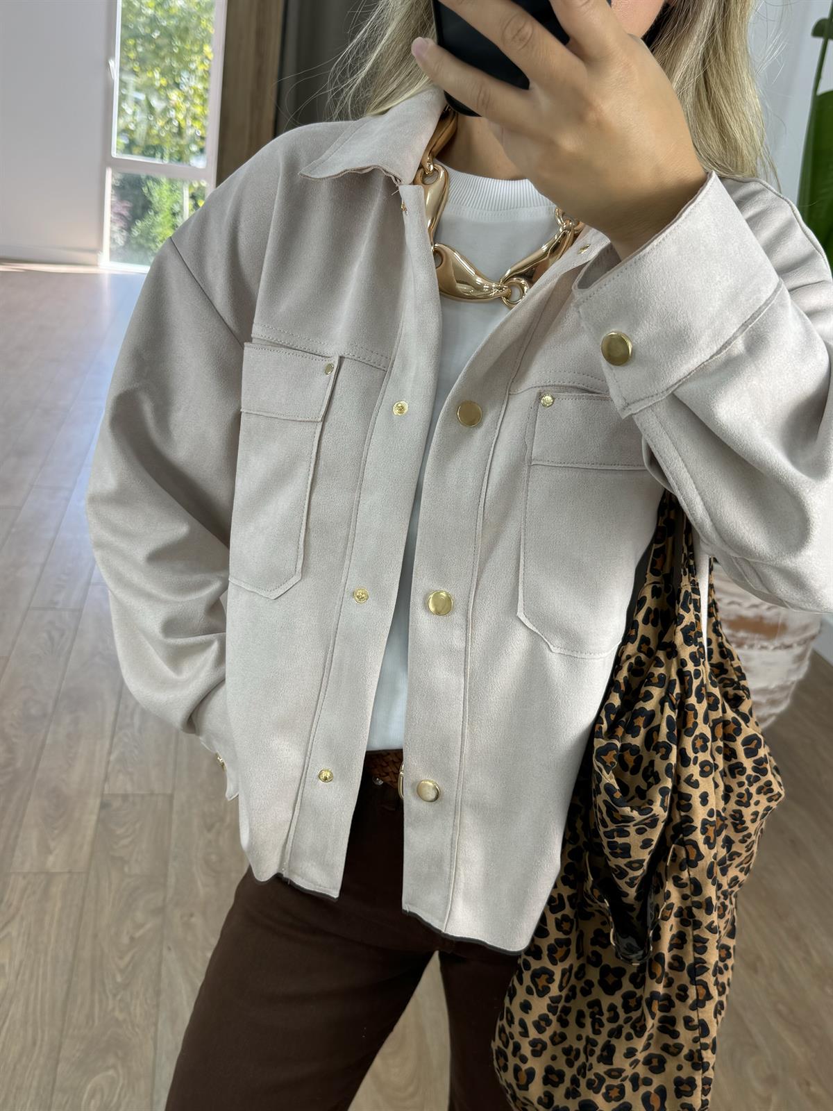 Cepli Süet Gömlek - Taş