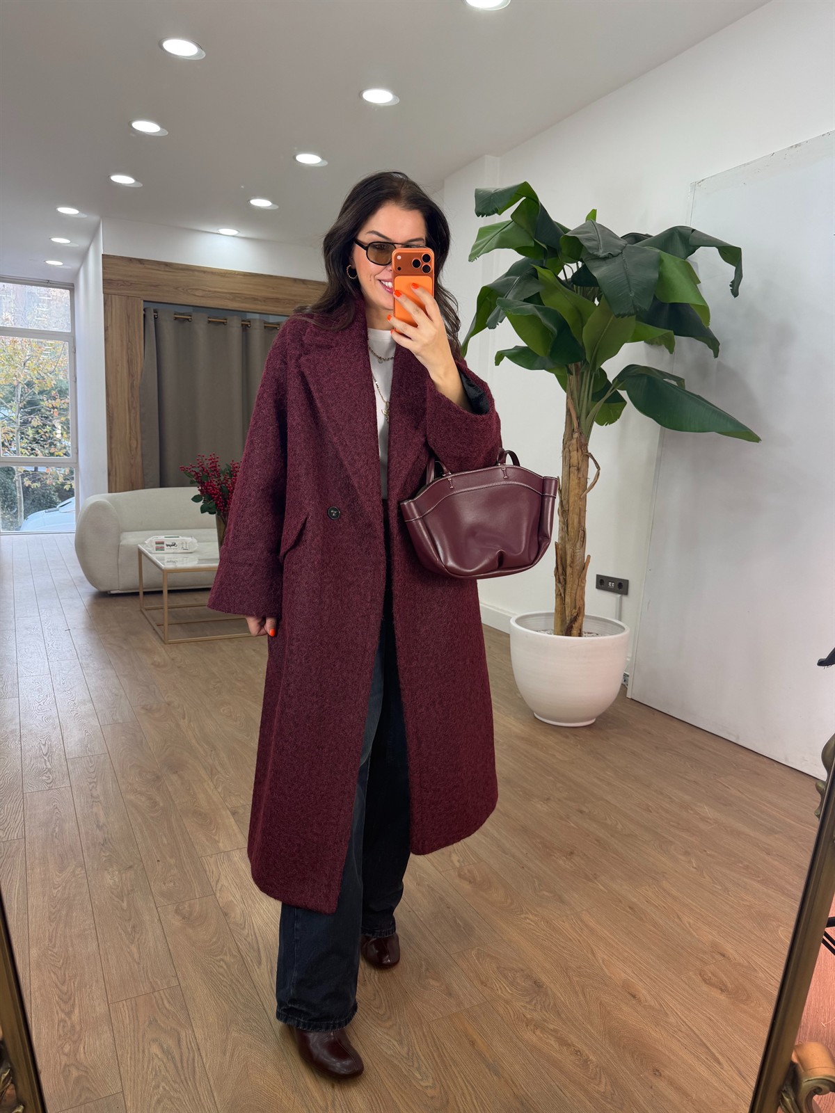 Cepli Uzun Buklet Kaban - Bordo