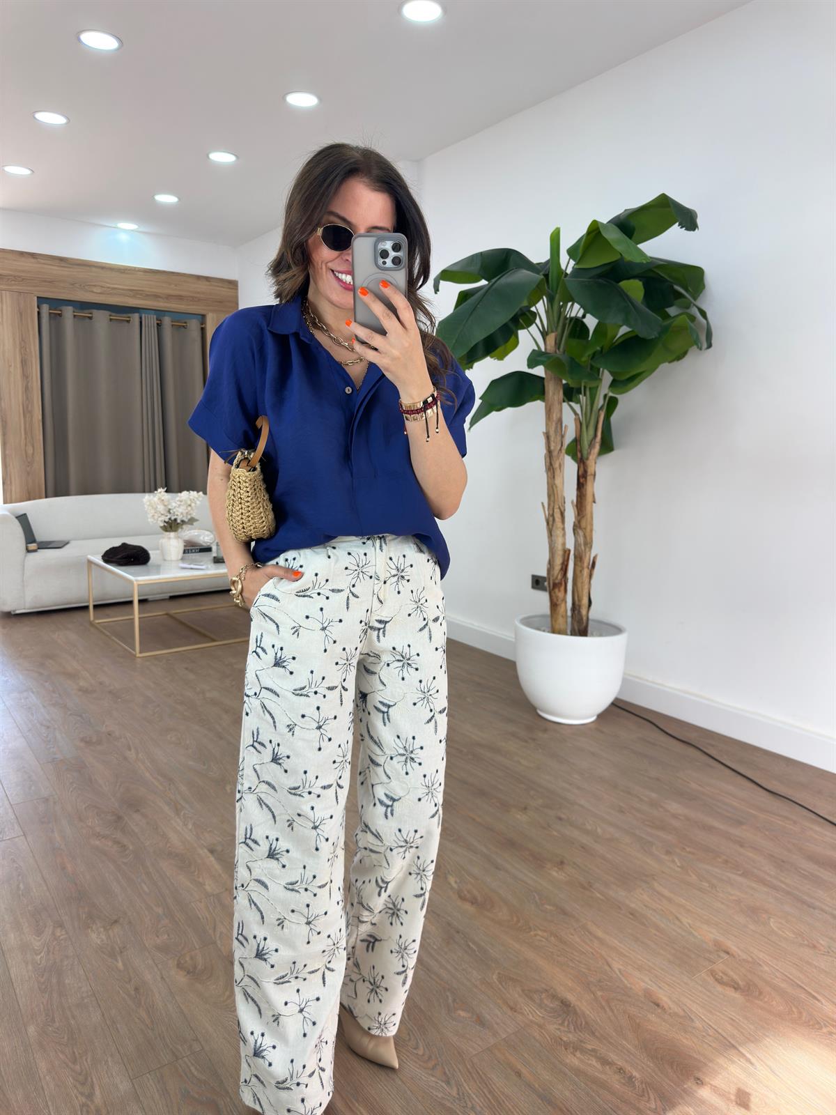 Çiçek Nakışlı Keten Pantolon