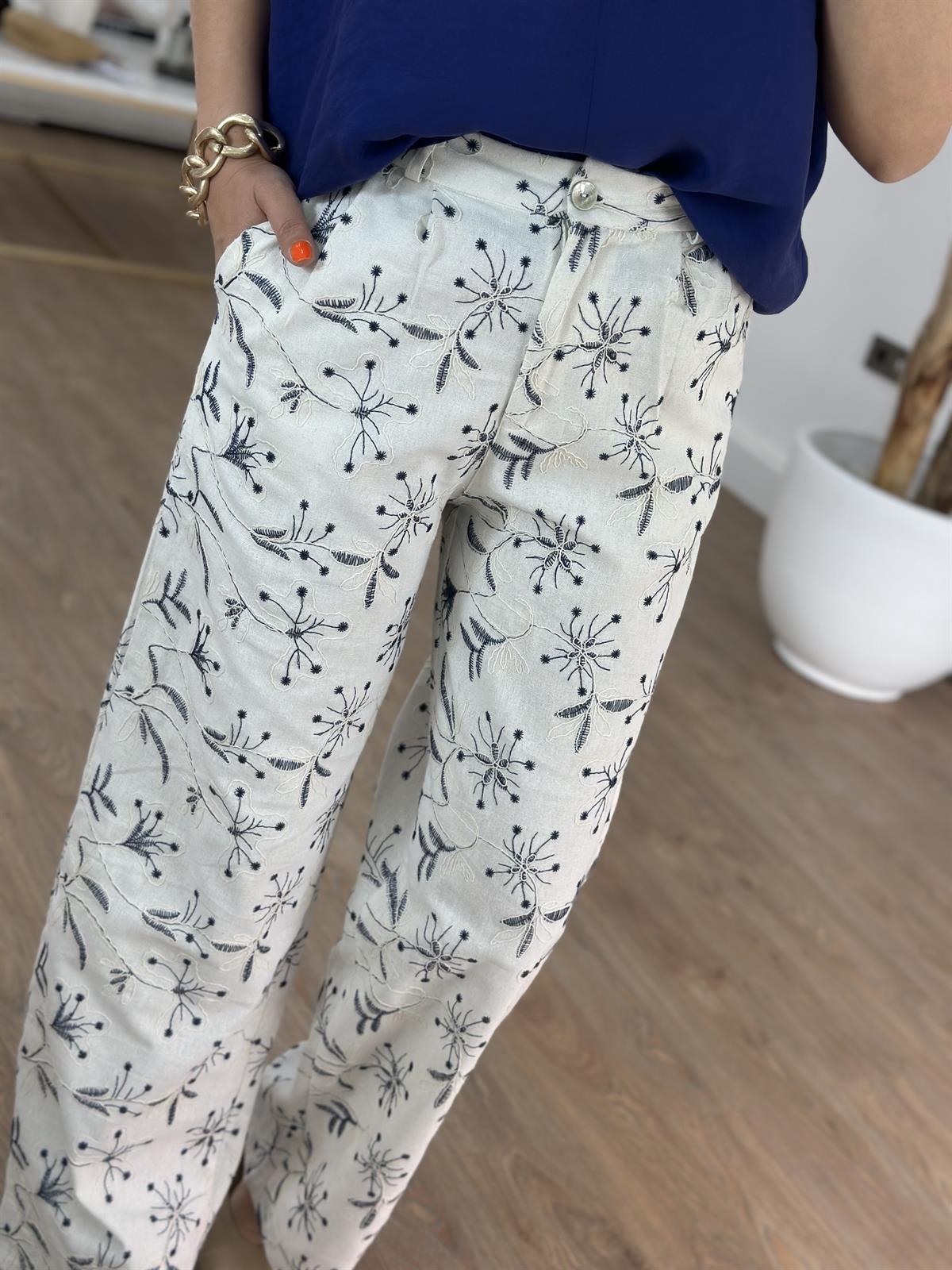 Çiçek Nakışlı Keten Pantolon