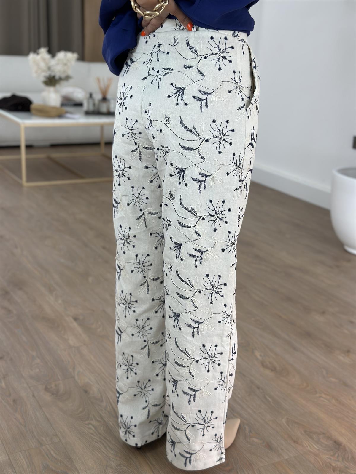 Çiçek Nakışlı Keten Pantolon