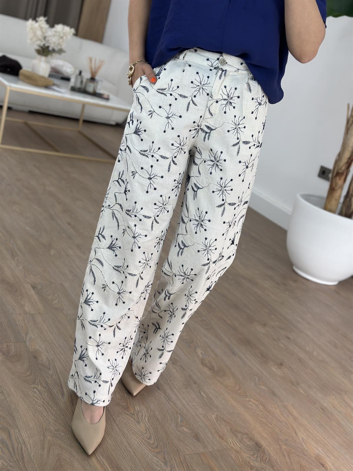 Çiçek Nakışlı Keten Pantolon