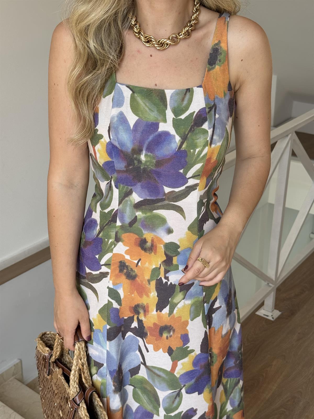 Çiçek Desenli Keten Midi Elbise