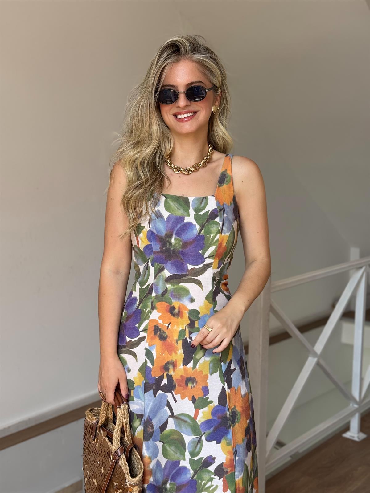 Çiçek Desenli Keten Midi Elbise