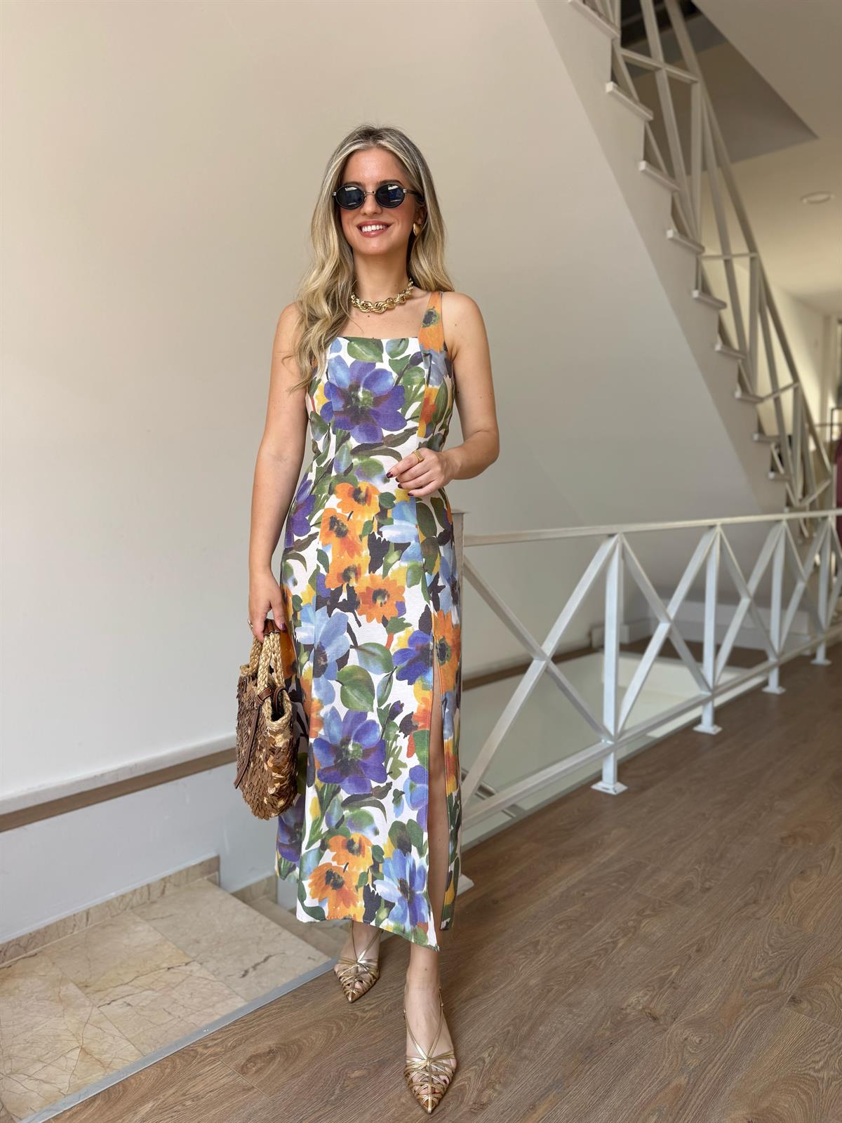 Çiçek Desenli Keten Midi Elbise