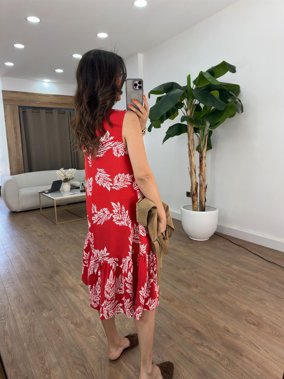 Çiçek Desenli Midi Kloş Elbise - Kırmızı